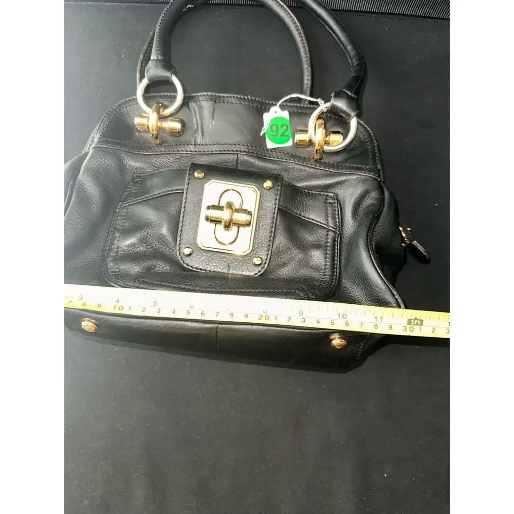 No.92 B. Makowsky Black Leather Turn-Lock Satchel Handbag